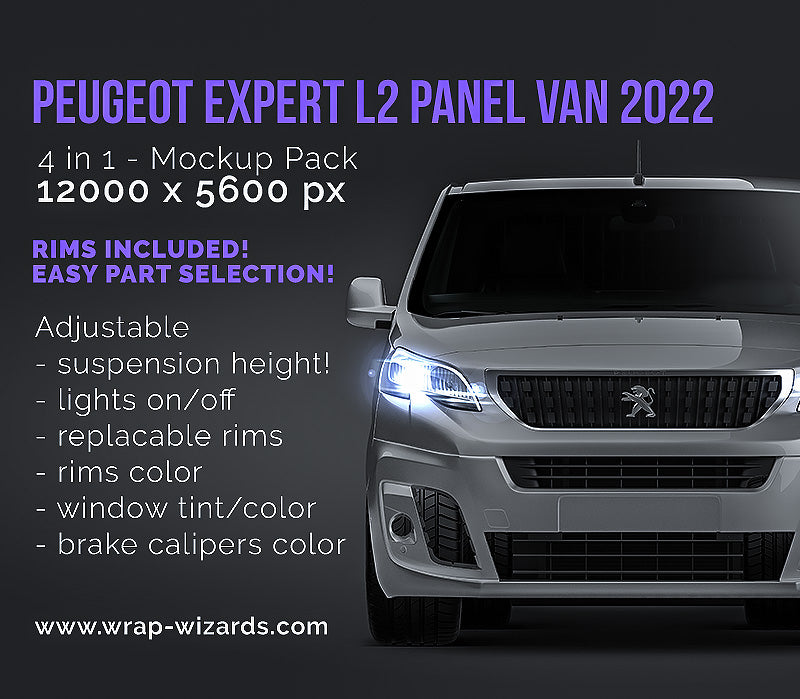 Peugeot Expert L2 panel van 2016-2022 glossy finish - all sides Car Mockup Template.psd