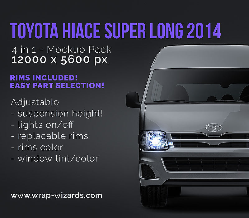 Toyota Hiace L2H2 Super Long Wheel Base SLWB 2014 glossy finish - all sides Car Mockup Template.psd