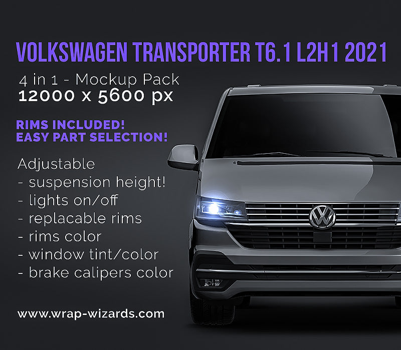 Volkswagen Transporter T6.1 L2H1 2021 panel van glossy finish - all sides Car Mockup Template.psd