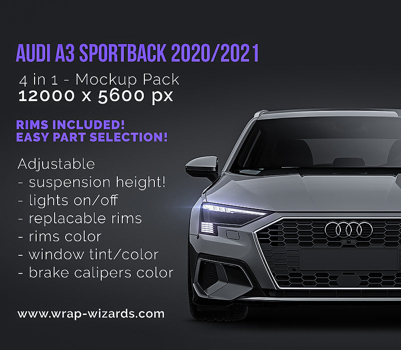 Audi A3 Sportback 2020/2021 glossy finish - all sides Car Mockup Template.psd