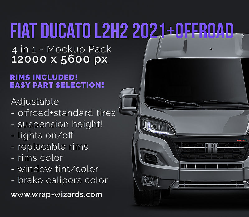 Fiat Ducato L2H2 2021 panel van glossy finish + offroad tires - all sides Car Mockup Template.psd