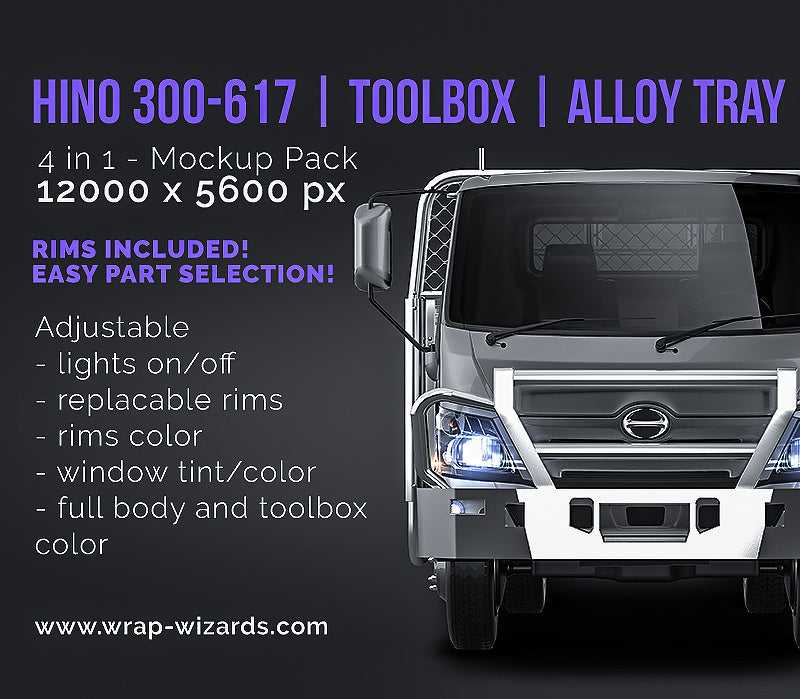 Hino 300-617 with toolboxes on alloy tray glossy finish - all sides Car Mockup Template.psd