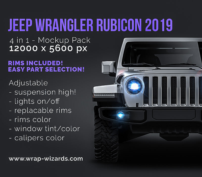 Jeep Wrangler Rubicon 2019 soft top satin matt finish - all sides Car Mockup Template.psd