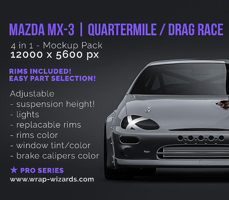 Mazda MX-3 Quartermile / drag race glossy finish - all sides Car Mockup Template.psd