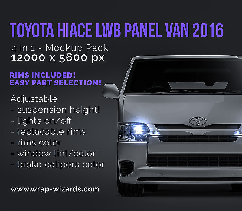 Toyota HiAce LWB 2016 panel van with extra windows layer glossy finish - all sides Car Mockup Template.psd