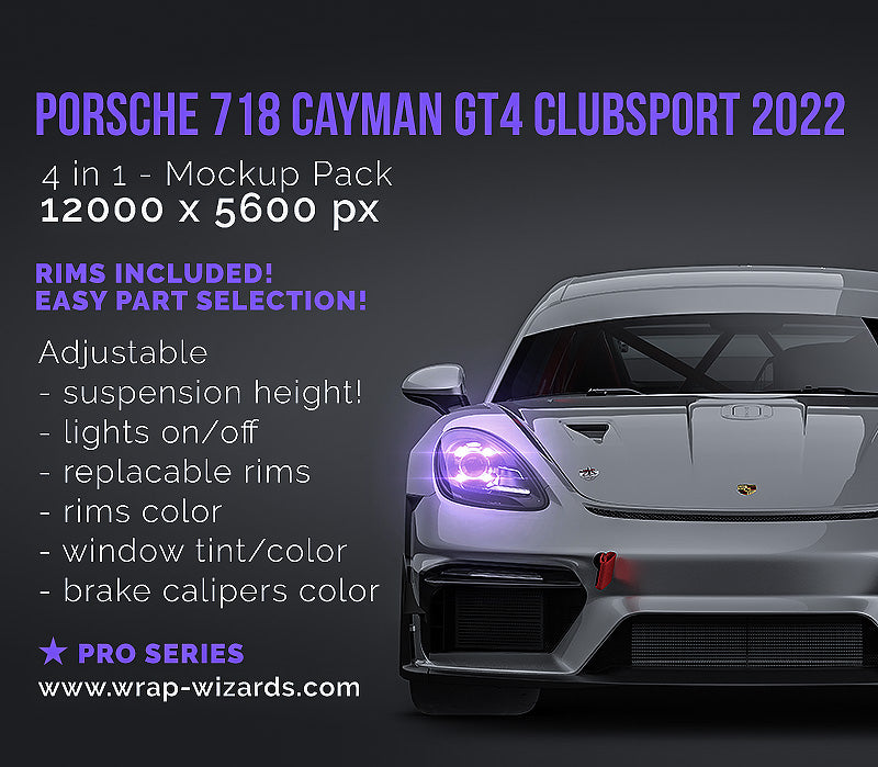Porsche 718 Cayman GT4 Clubsport 2022 glossy finish - all sides Car Mockup Template.psd