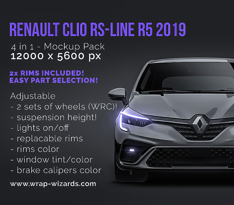 Renault Clio RS-Line R5 2019 with extra Michelin racing wheels - Car Mockup