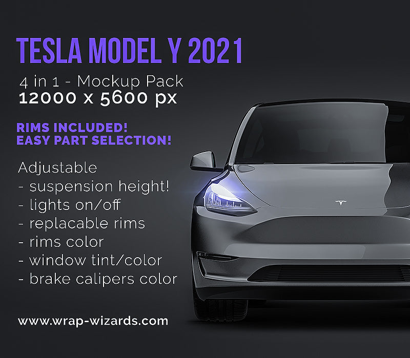 Tesla Model Y 2021 glossy finish - all sides Car Mockup Template.psd